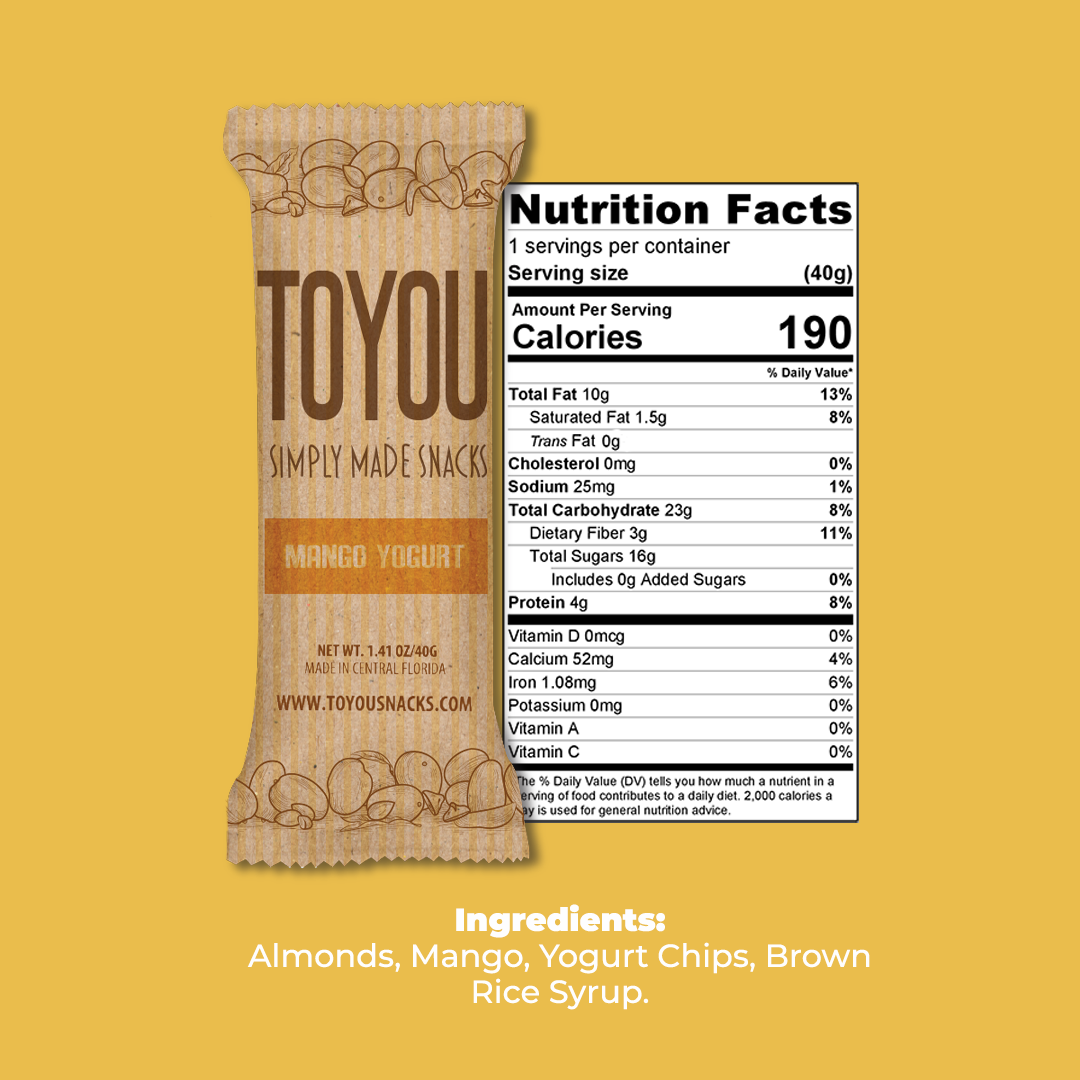 Front view: Mango Yogurt ToYou Snack bar in artistic paper wrapper next to the snack bar’s nutrition facts, above the Snack bar’s ingredients on a light yellow background.