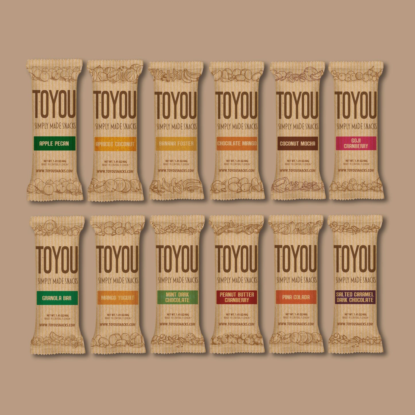 Front view: 12 ToYou Snack Bar Flavors in artistic paper wrappers on light brown paper texture.