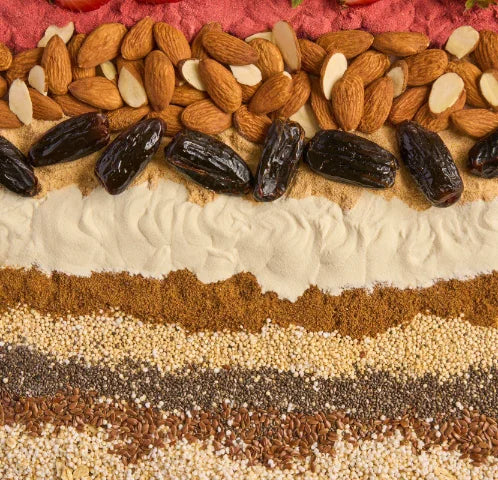 Layers of almonds, dates, whey protein, quinoa, chia and flaxseed