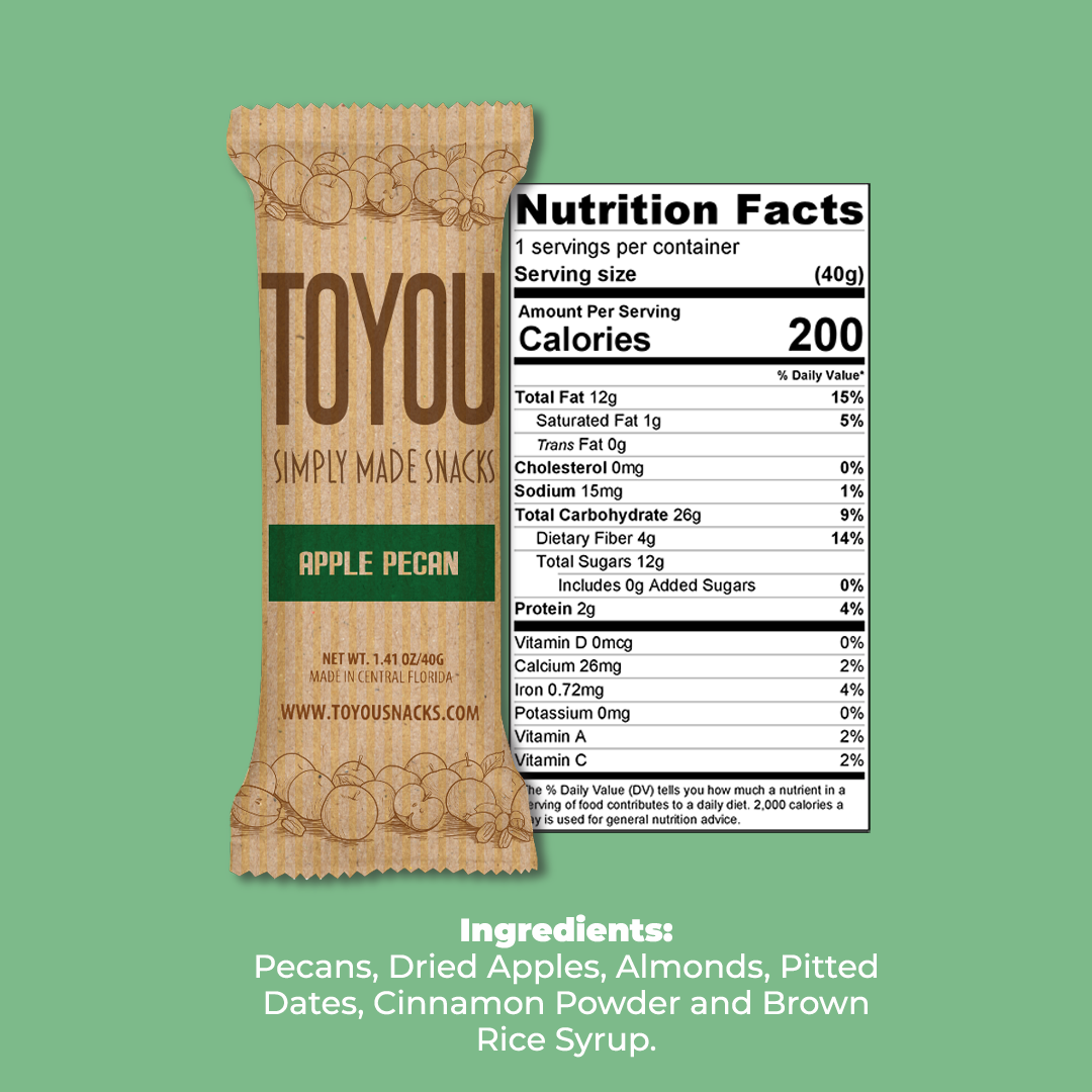 Front view: Apple pecan ToYou Snack bar in artistic paper wrapper next to the snack bar’s nutrition facts, above the Snack bar’s ingredients on a green background.