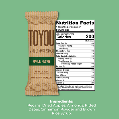 Front view: Apple pecan ToYou Snack bar in artistic paper wrapper next to the snack bar’s nutrition facts, above the Snack bar’s ingredients on a green background.
