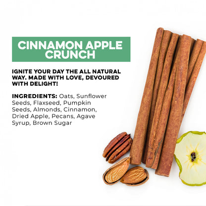 Top view (Right): Cinnamon bark pieces, almonds, a dried apple slice and a pecan. (Top left): “Cinnamon Apple Crunch” above the text “Ignite your day the all natural way. Made with love, devoured with delight!” and the granola’s ingredient below it. 