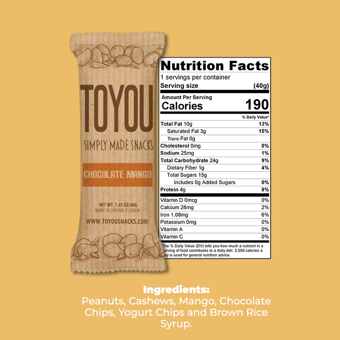 Front view: Chocolate Mango ToYou Snack bar in artistic paper wrapper next to the snack bar’s nutrition facts, above the Snack bar’s ingredients on a yellow background.