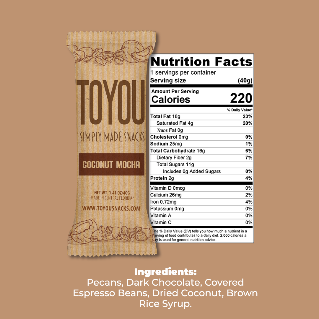 Front view: Coconut Mocha ToYou Snack bar in artistic paper wrapper next to the snack bar’s nutrition facts, above the Snack bar’s ingredients on a light brown background.
