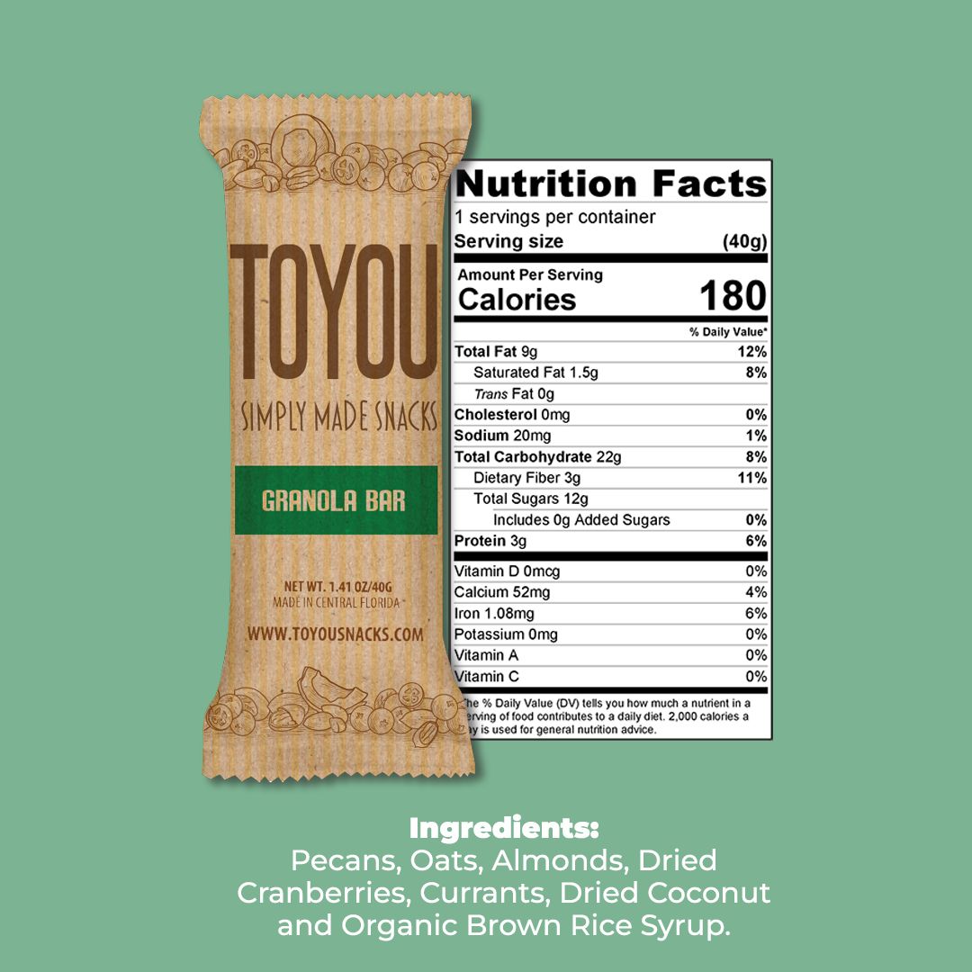 Front view: Granola Bar ToYou Snack bar in artistic paper wrapper next to the snack bar’s nutrition facts, above the Snack bar’s ingredients on a light green background.