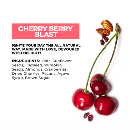 Top view (Right): Two cherries with two almonds and dried cranberries scattered around. (Top left): “Cherry Berry Blast” above the text “Ignite your day the all natural way. Made with love, devoured with delight!” and the granola’s ingredient below it. 
