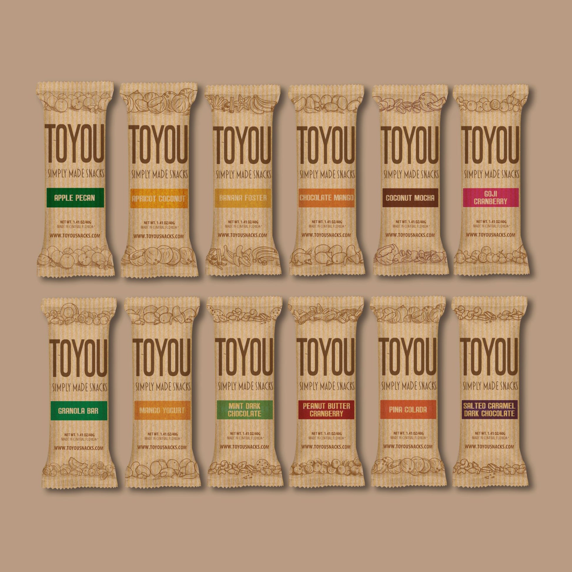 Front view: 12 ToYou Snack Bar Flavors in artistic paper wrappers on light brown paper texture.