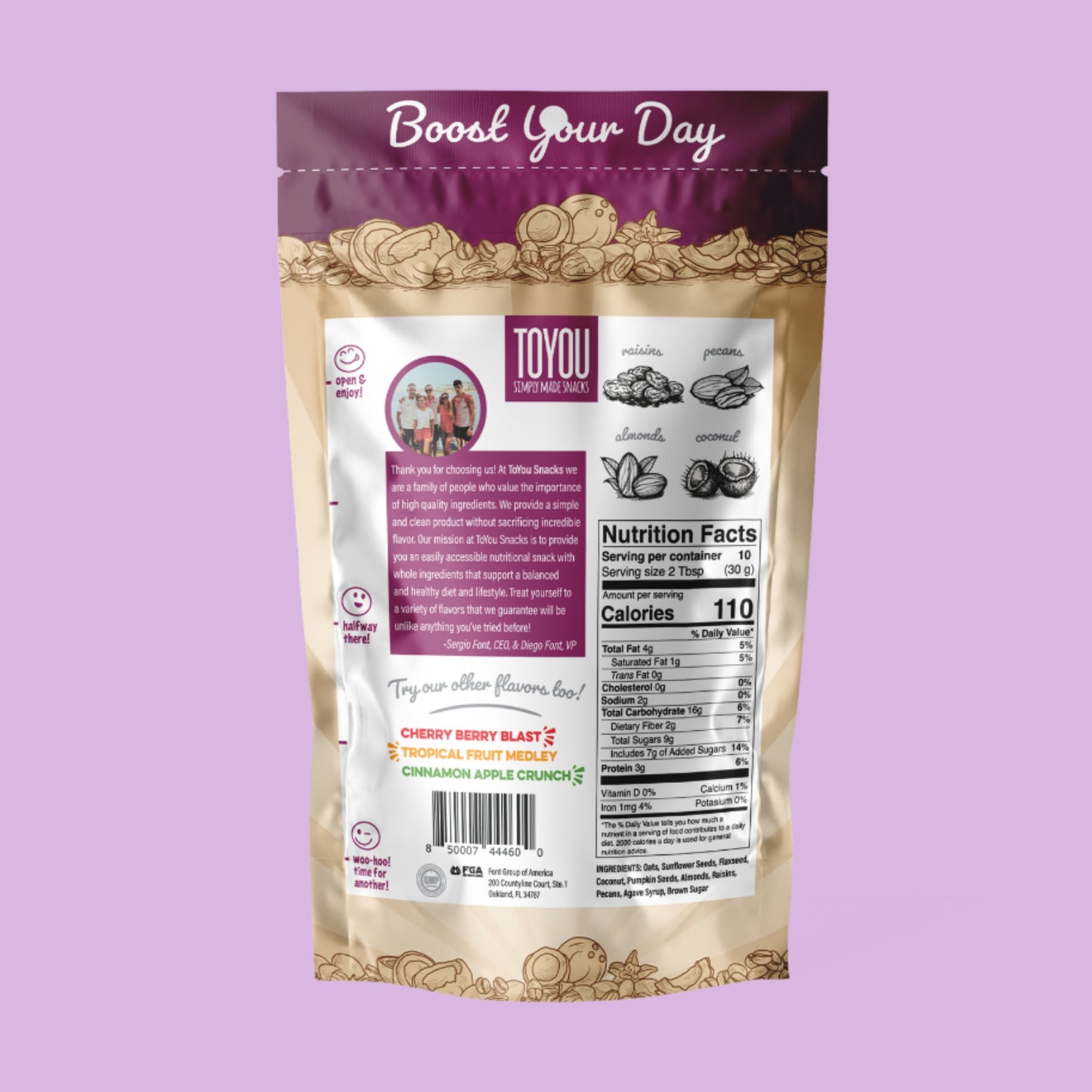 Front view: Oatmeal Raisin Crumble ToYou Granola (Nutrition facts, ingredients, brand information on pouch) on a purple background.