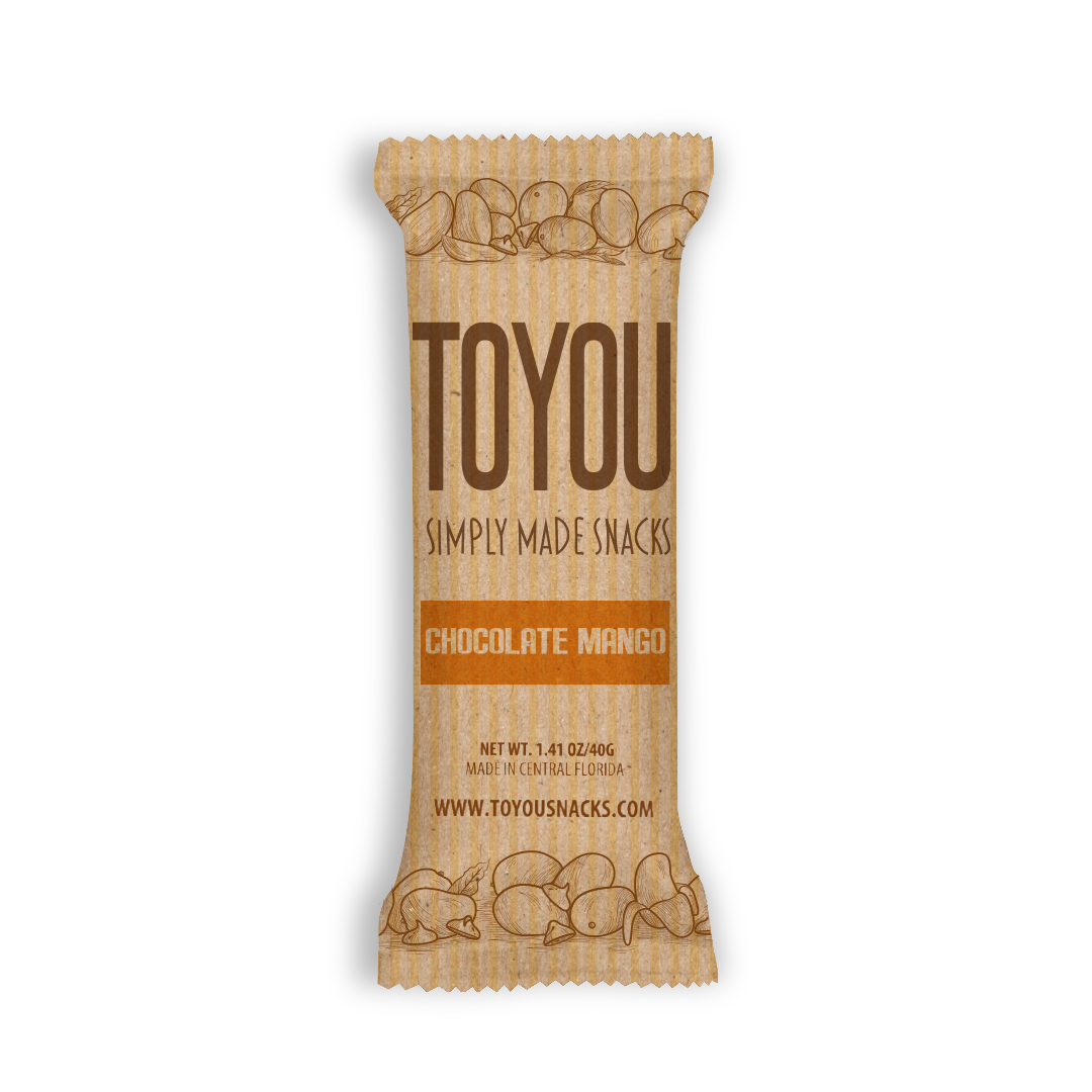 Front view: Chocolate mango ToYou Snack bar in artistic paper wrapper (Orange label) on a white background.