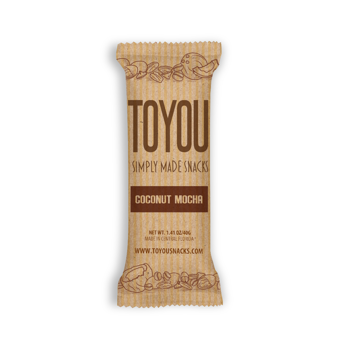 Front view: Coconut mocha ToYou Snack bar in artistic paper wrapper (Brown label) on a white background.