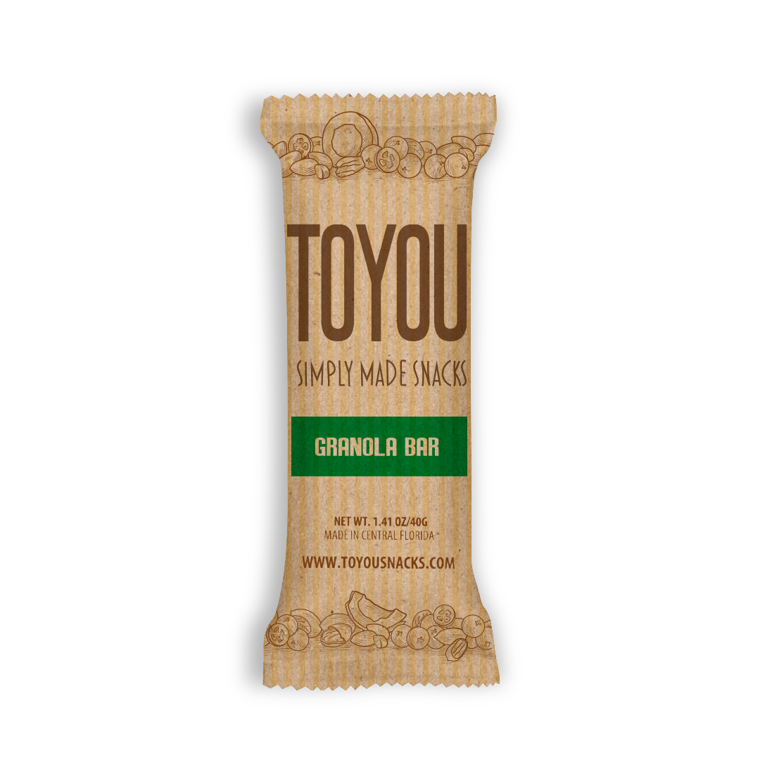 Front view: Granola bar ToYou Snack bar in artistic paper wrapper (Green label) on a white background.