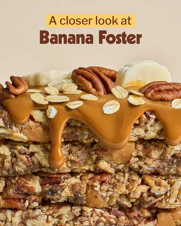 A closer look at Banana Foster: a snack bar topped with pecans and caramel